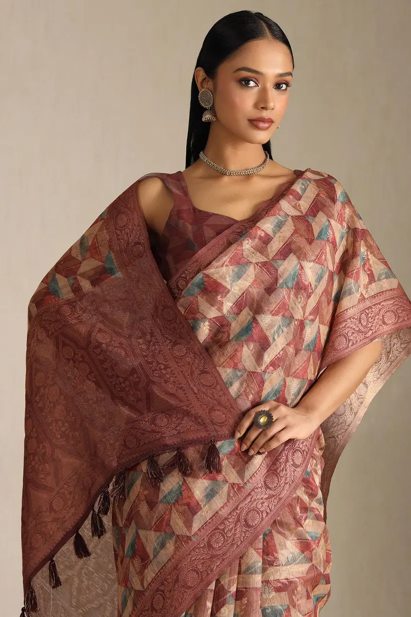 Multicolour Chanderi Geometric Print Saree With Zari Woven